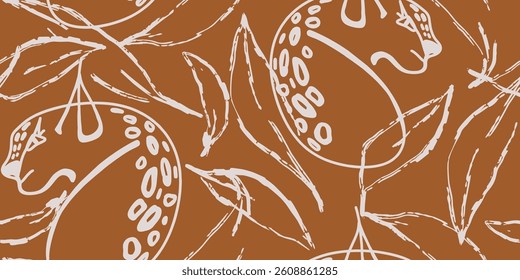 Vector animal print. Seamless line leopard and floral elements. 