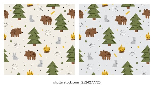 Vector animal seamless pattern with cute bear, rabbit, fir trees and camp fire. Texture with flat cartoon characters. Woodland print for kids, baby fabric and wrapping paper. Scandinavian style.