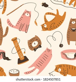 Vector animal seamless pattern. Fun and playful cats repeated background for fabric design. Cats and their weekdays.  Funny kids fabric print.