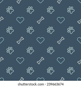 Vector animal seamless pattern of paw footprint, bone and heart - endless texture in dog or cat style