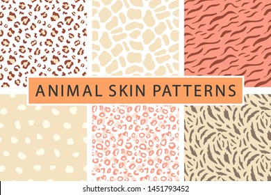 Vector animal seamless pattern set, fur skin texture print collection. Fashion abstract background. Colorful trendy textile, fabric, apparel design.