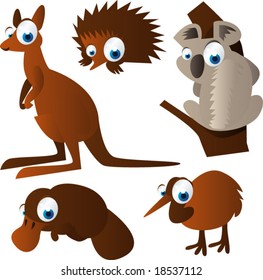 vector animal set 100: australian animals: echidna, kangaroo, koala, duckbill, kiwi