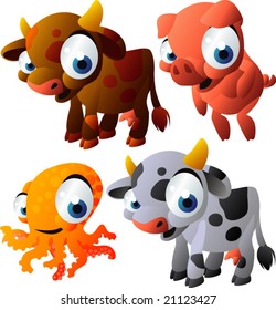 vector animal set 130: cows, pig, octopus