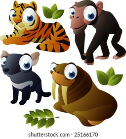 vector animal set 175: tiger, walrus, monkey, tasmanian devil