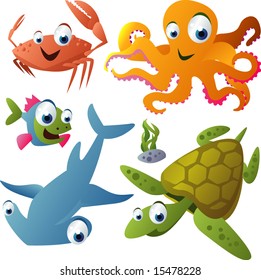 conjunto de animales vectores 21: cangrejo, pulpo, pescado, tiburón, tortuga