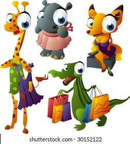 vector animal set 250: shopping: giraffe, alligator, hippopotamus, fox