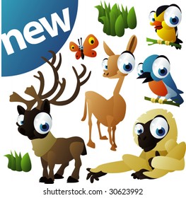 vector animal set 252: caribou, llama, monkey, birds