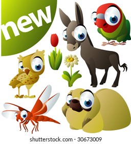 conjunto de animales vectores 255: libélula, loro, búho, burro