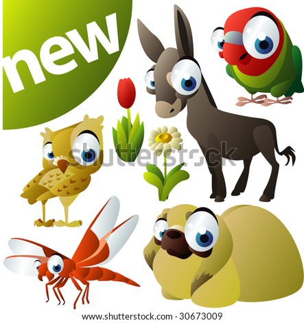 vector animal set 255: dragonfly, parrot, owl, donkey