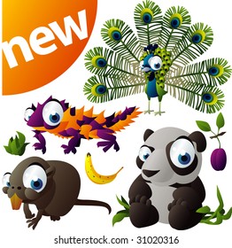 vector animal set 262: peacock, panda, nutria, moloch