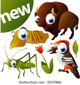 vector animal set 275: bison, woodpecker, cuttlefish, grasshopper