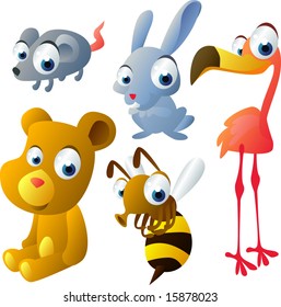 vector animal set 31: mouse, hare, flamingo, bear, bee