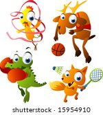 vector animal set 40: olympic games: chicken, deer, crocodile, fox