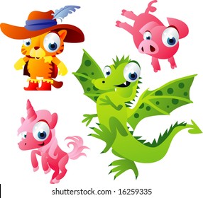 vector animal set 50: cat, piglet, dragon, unicorn