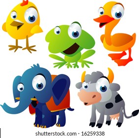 vector animal set 51: chicken, frog, duck, elephant, cow