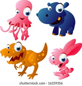 vector animal set 52: jelly fish, hippo, dinosaur, rabbit