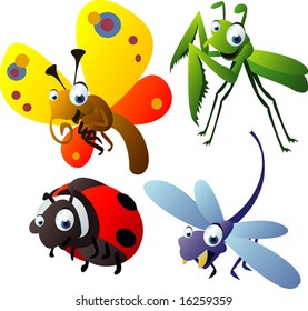 vector animal set 53: insects: praying mantis, butterfly, ladybug, dragonfly