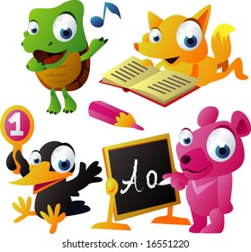 vector animal set 61: school: turtle, fox, crow, bear