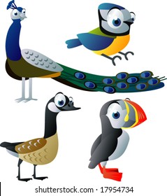 vector animal set 90: birds: titmouse, peacock, brant goose, puffin