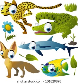 vector animal set: cheetah, alligator, shark, fox, fish