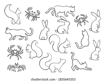 Vector Animal Set. Collection Of Black Outline Animals, Pets Isolated On White Background. Coloring Silhouette Bunny, Cat, Squirrel, Crab.