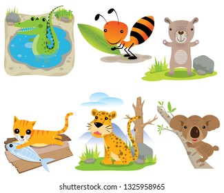 Vector animal set, crocodile, ant, bear, cat, leopard, koala,