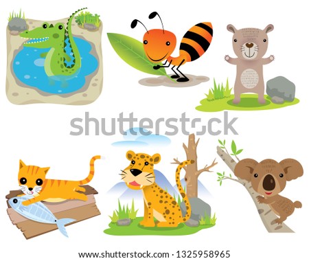 Vector animal set, crocodile, ant, bear, cat, leopard, koala,