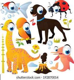 Vector animal set: Dog, Dinosaur, Ladybug, Bird, Dolphin, Goldfish