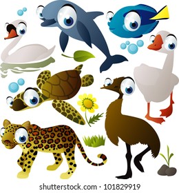 vector animal set: dolphin, swan, fish, ostrich, goose, turtle, jaguar