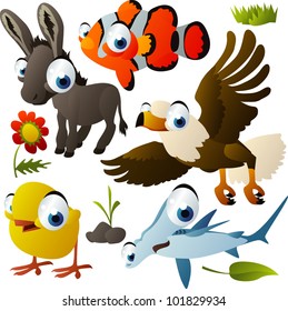 vector animal set: donkey, clown fish, eagle, hammerhead, chicken