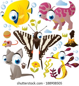 Vector animal set: fish, dinosaur, butterfly, cat, seahorse