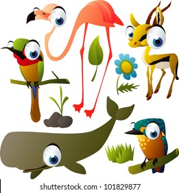 vector animal set: flamingo, bird, whale, kingfisher, antelope