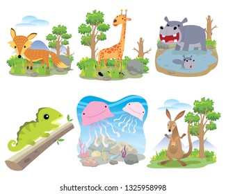 Vector animal set, Fox, giraffe, hippo, chameleon, jellyfish, kangaroo,