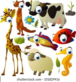 vector animal set: giraffe, cow, sheep, meerkat, fish, hippocampus