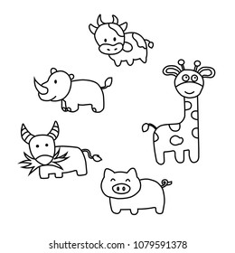 Vector animal set has a Giraffe, rhinoceros, pig, cow, and buffalo on an isolated white background. Hand drawn graphic style. Great for print, paint or children learn through painting.