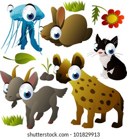 vector animal set: jellyfish, rabbit, hyena, cat, goat