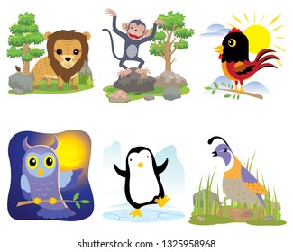 Vector animal set, lion, monkey, chicken, owl, penguin, quail,