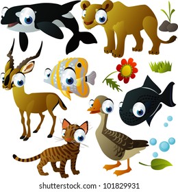 conjunto de animales vectoriales: orca, leona, pescado, impala, gato, ganso