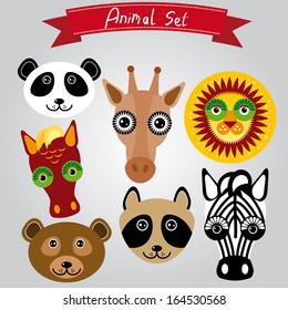 Vector animal set panda, giraffe, lion, horse, bear, raccoon, zebra