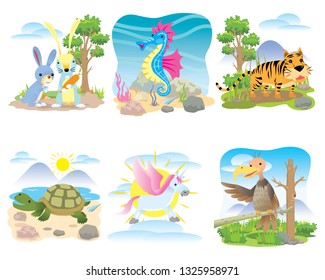 Vector animal set, Rabbit, seahorse, tiger, turtle, horse, unicorn,