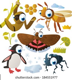 vector animal set: sloth, moth, bee, penguin, beetle