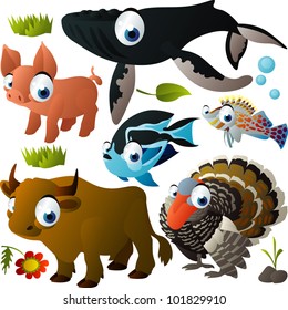 vector animal set: whale, pig, fish, turkey, bull