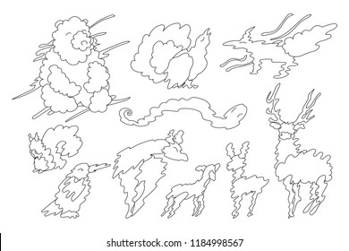vector animal shaped cloud. Black white linear set