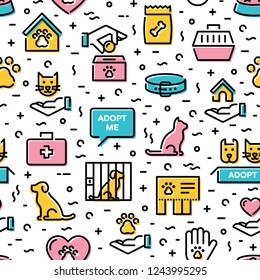 Vector animal shelter icon seamless pattern. Thin line web icon illustration background. Cat and dog help sign and symbol set. Color linear pictogram texture of pet care, adoption, donation and more