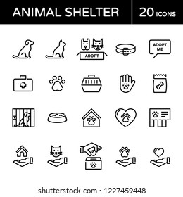 Vector Animal Shelter Logo Design Template Set. Outline Web Icon Illustration Background. Cat And Dog Help Sign And Symbol Collection. Linear Pictograms Of Pet Care, Adoption, Donation And More