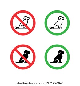 Vector animal sign set. No dogs allowed. Pets are welcome. Vector symbol illustration. Isolated round stickers. Simple background print with green and red circle