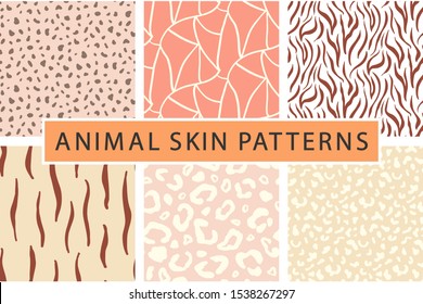 Vector animal skin bold textures print seamless pattern set. Leopard, zebra fashion abstract backgrounds collection. Colorful trendy textile, fabric, apparel design.