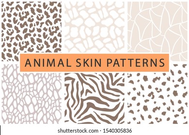 Vector animal skin bold textures print seamless pattern set. Leopard, zebra fashion abstract backgrounds collection. Colorful trendy textile, fabric, apparel design.