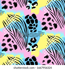 Vector animal skin print trendy colours pattern. Pink, blue and yellow grunge background