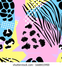 Vector animal skin print trendy colours pattern. Pink, blue and yellow grunge background